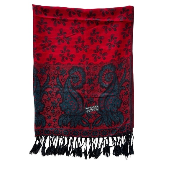 Red Blue Black Paisley Floral Print 100% Pashmina Wrap Scarf with Fringe - Picture 1 of 5